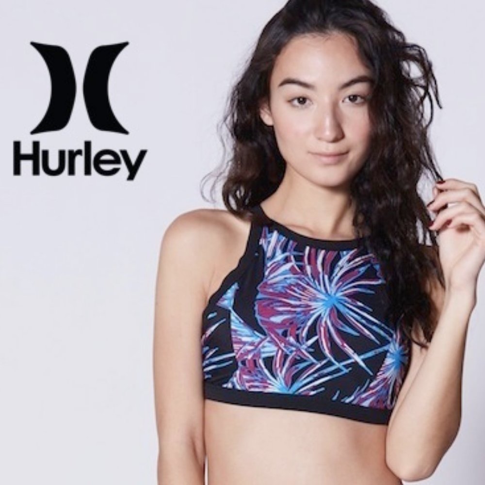 Hurley Quick Dry KOKO High Neck Halter Bikini Surf Top Black Purple Medium